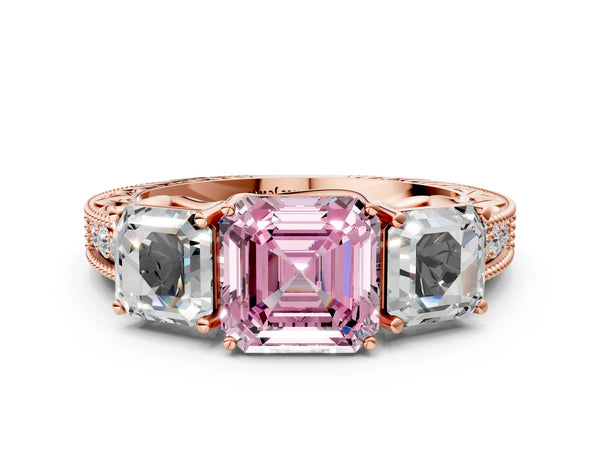 Rose Gold Asscher Cut Engraved Three Stone Engagement Ring Setting for Fancy Pink Center