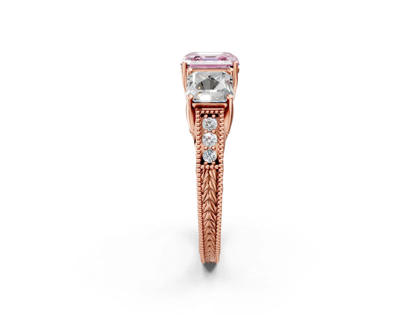 Rose Gold Asscher Cut Engraved Three Stone Engagement Ring Setting for Fancy Pink Center