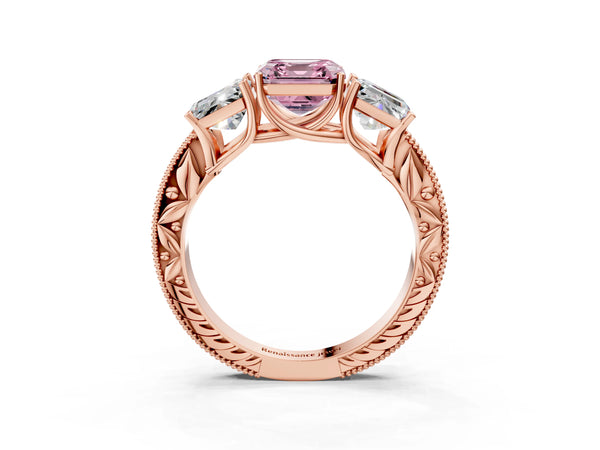 Rose Gold Asscher Cut Engraved Three Stone Engagement Ring Setting for Fancy Pink Center