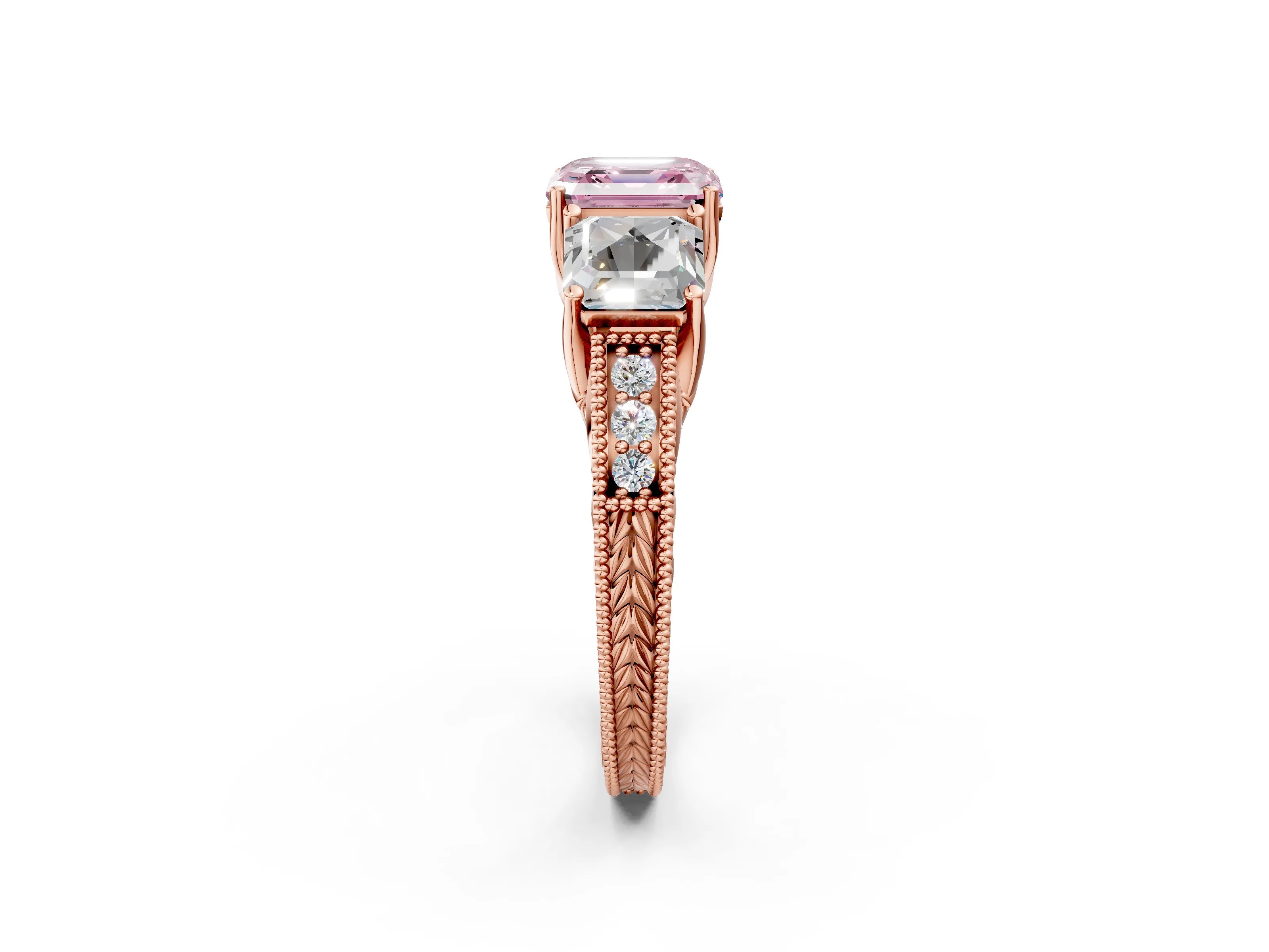 Rose gold Three-Stone Fancy Pink Asscher Cut Cut Milgrain Pavé Engagement Ring_2