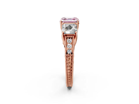Rose gold Three-Stone Fancy Pink Asscher Cut Cut Milgrain Pavé Engagement Ring_2