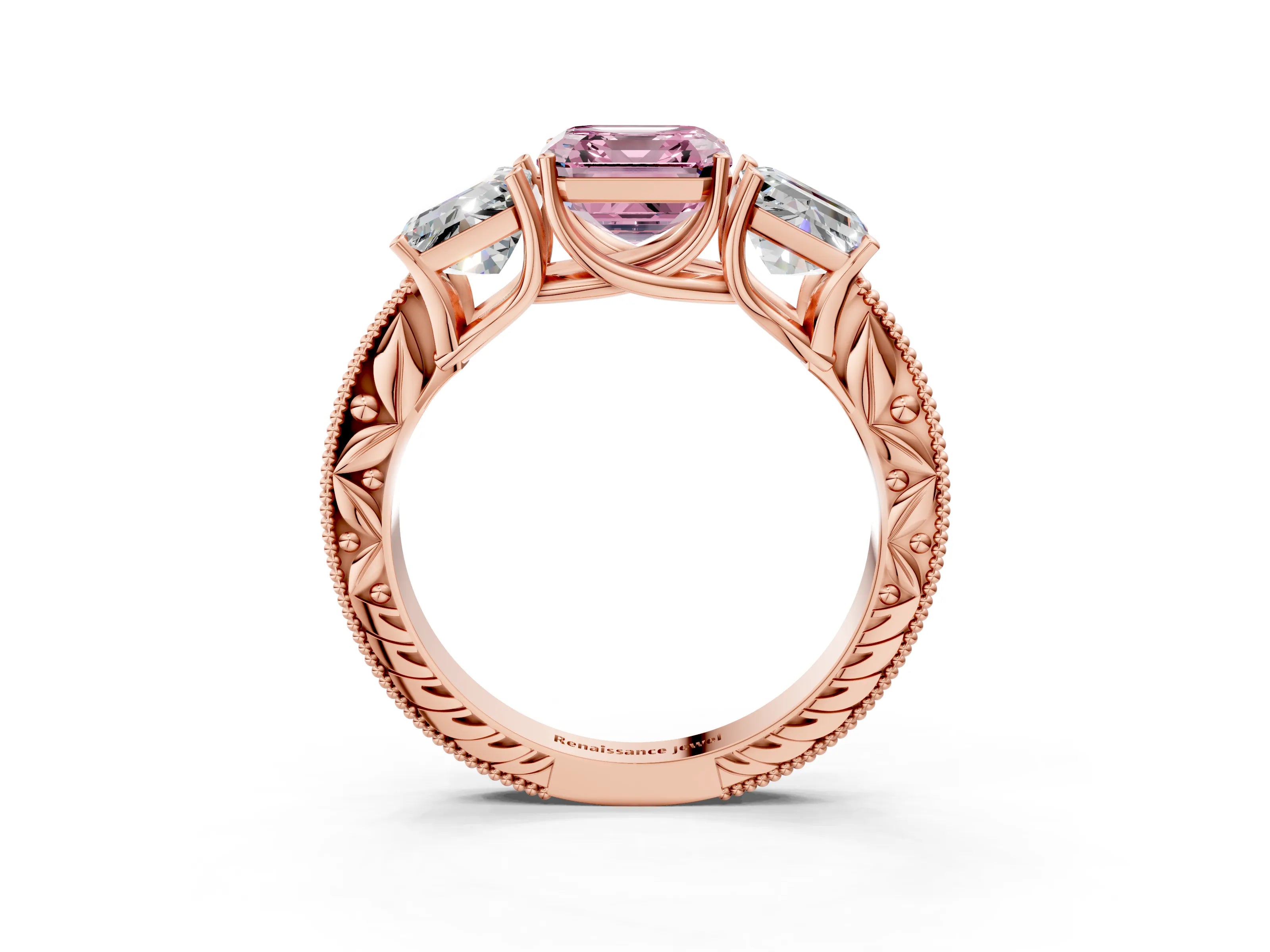 Rose gold Three-Stone Fancy Pink Asscher Cut Cut Milgrain Pavé Engagement Ring_3