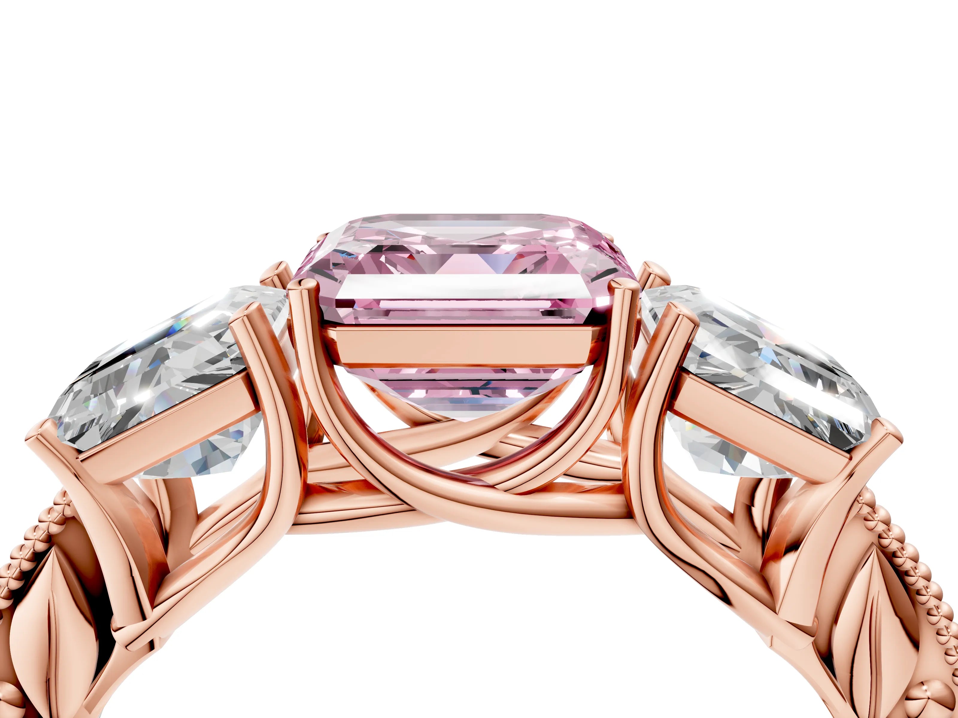 Rose gold Three-Stone Fancy Pink Asscher Cut Cut Milgrain Pavé Engagement Ring_4