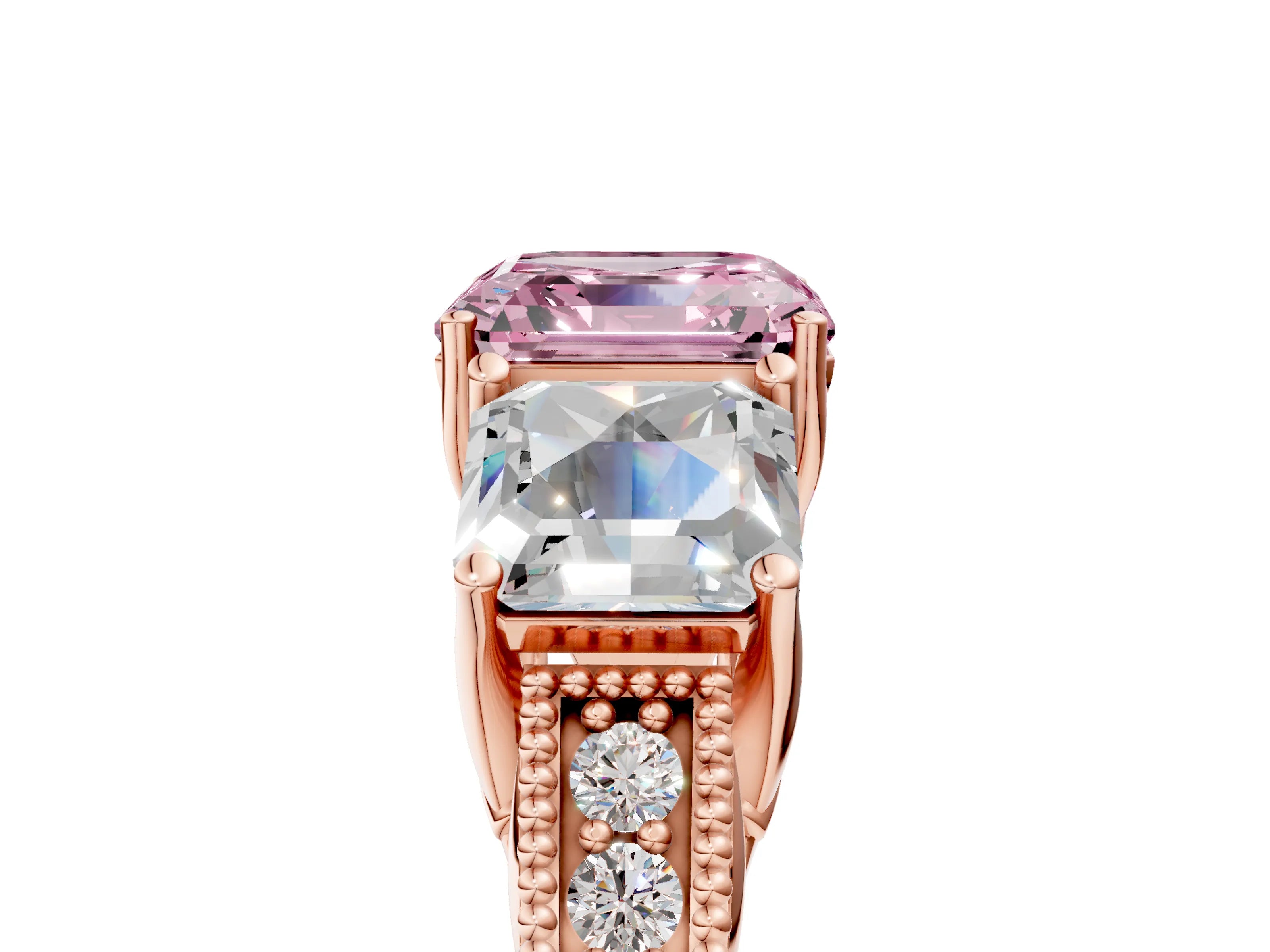 Rose gold Three-Stone Fancy Pink Asscher Cut Cut Milgrain Pavé Engagement Ring_5