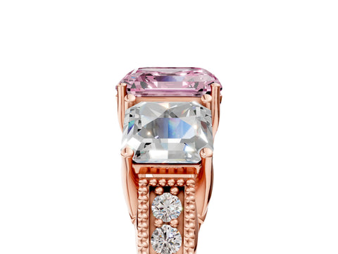 Rose gold Three-Stone Fancy Pink Asscher Cut Cut Milgrain Pavé Engagement Ring_5
