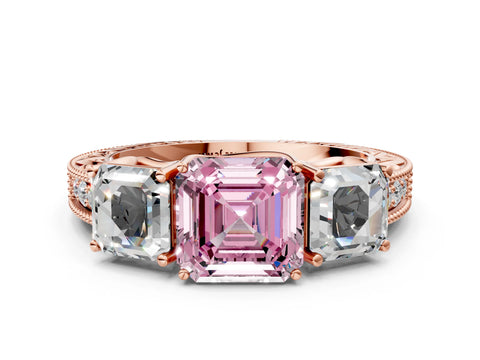 Rose gold Three-Stone Fancy Pink Asscher Cut Cut Milgrain Pavé Engagement Ring