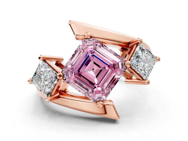 Rose gold Three-Stone Fancy Pink Asscher Cut Cut Tension Band Ring with Four-Prong Setting