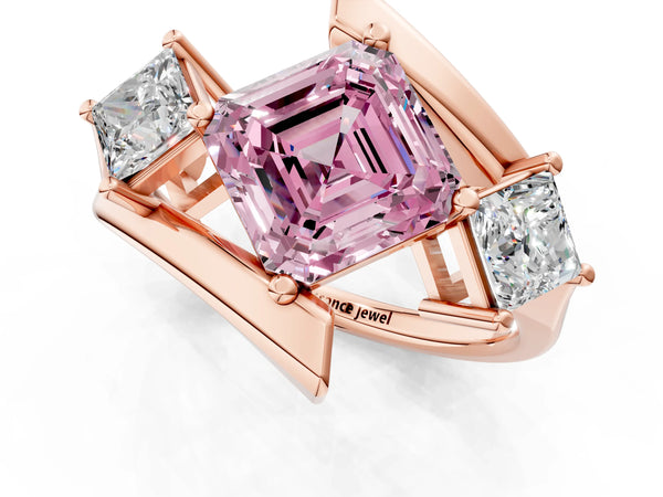 Rose gold Three-Stone Fancy Pink Asscher Cut Cut Tension Band Ring with Four-Prong Setting