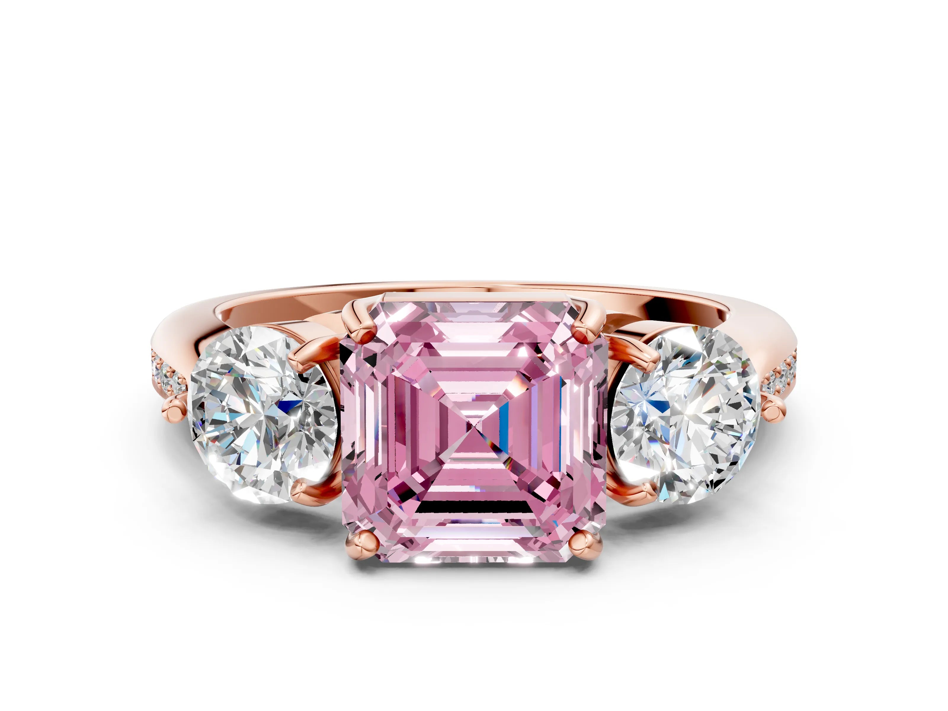 Rose gold Three-Stone Fancy Pink Asscher Cut Diamond Channel Set Engagement Ring with Prong Setting