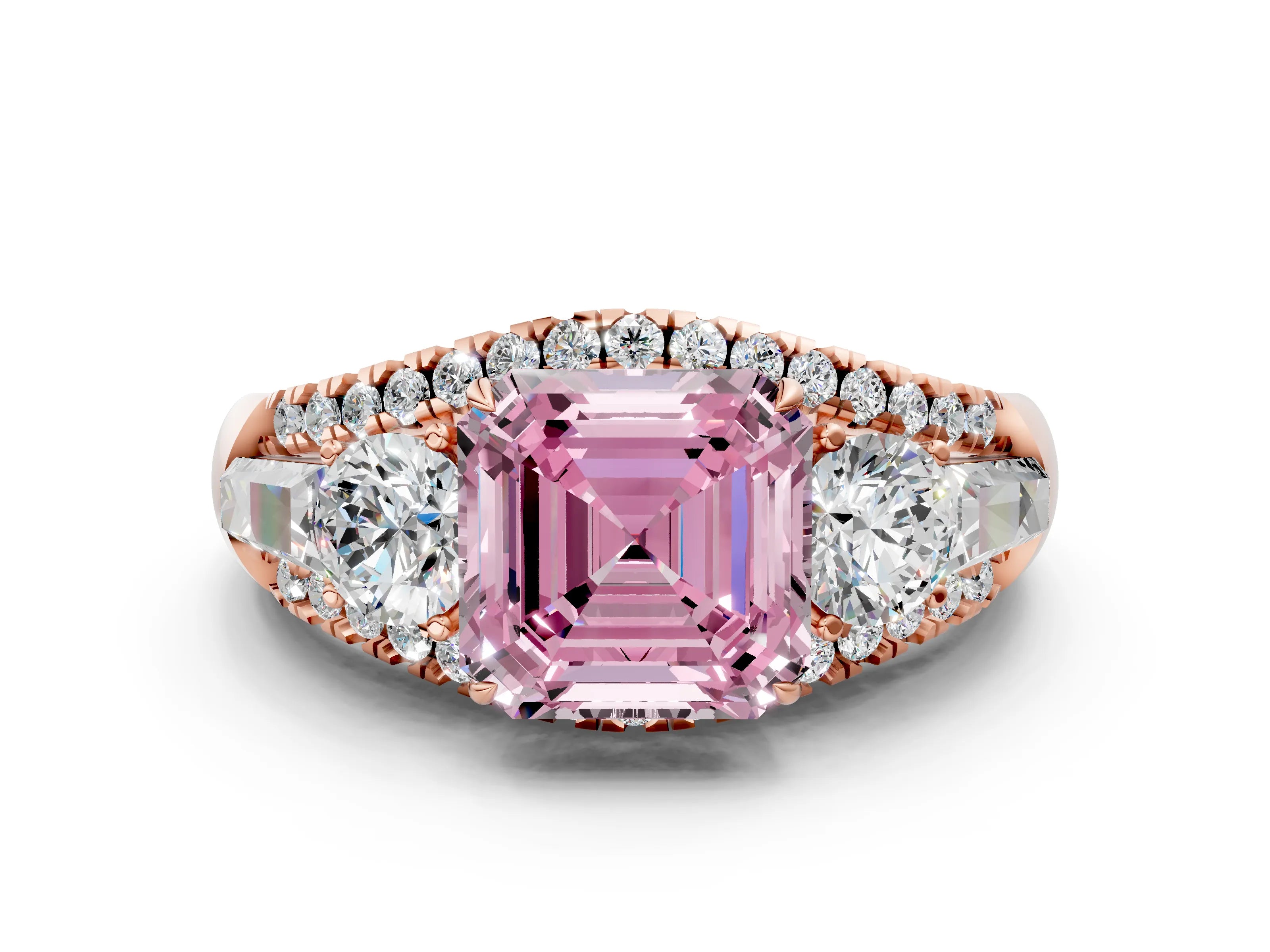 Rose gold Three-Stone Fancy Pink Asscher Cut Diamond Engagement Ring with Pave Band and Prong Setting