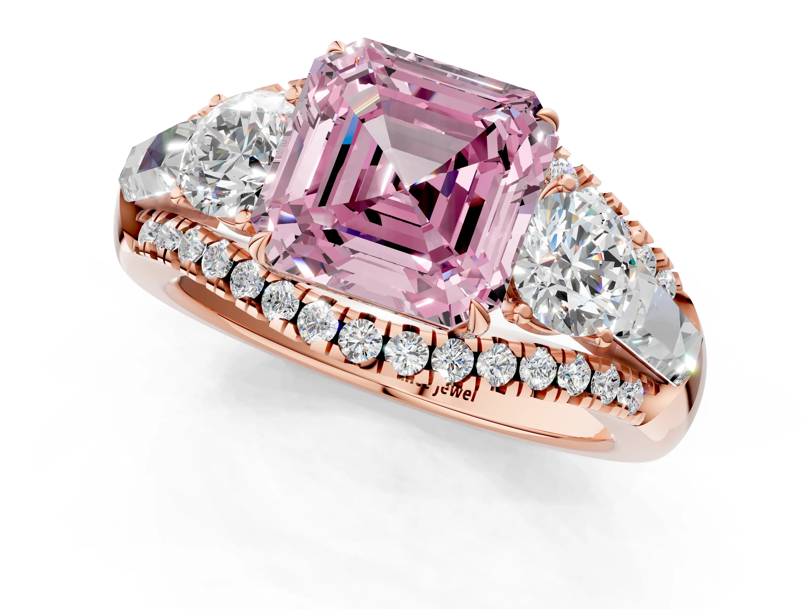Rose gold Three-Stone Fancy Pink Asscher Cut Diamond Engagement Ring with Pave Band and Prong Setting_1