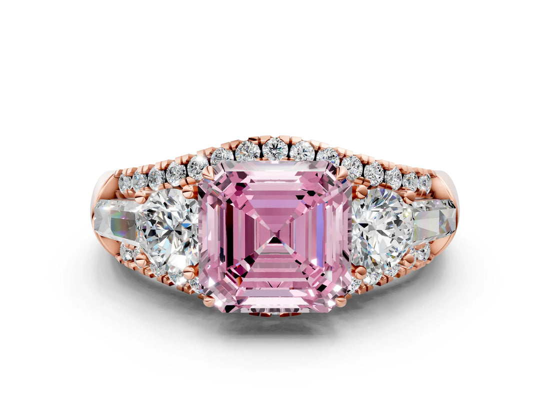 Rose gold Three-Stone Fancy Pink Asscher Cut Diamond Engagement Ring with Pave Band and Prong Setting_12