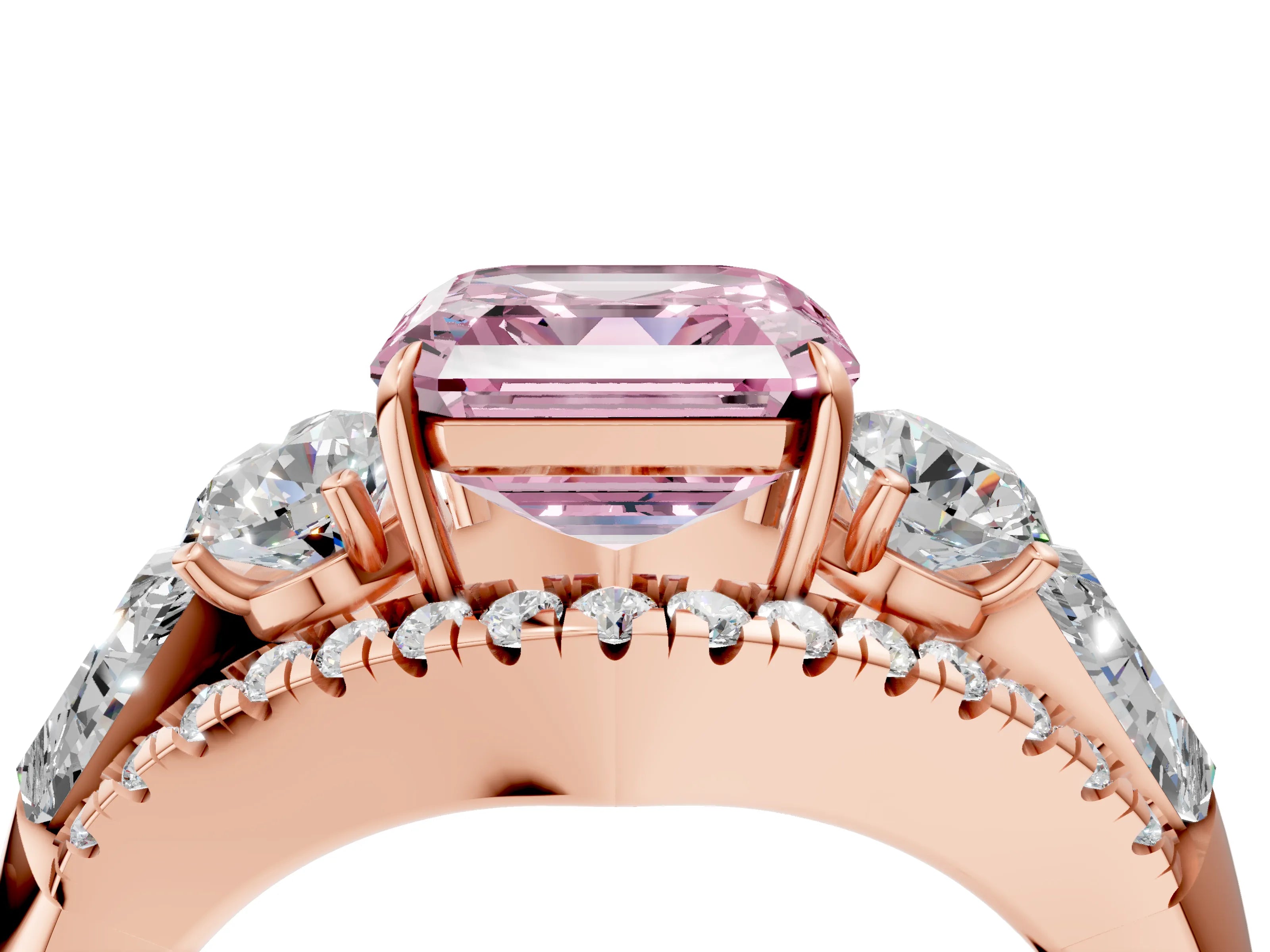 Rose gold Three-Stone Fancy Pink Asscher Cut Diamond Engagement Ring with Pave Band and Prong Setting_4