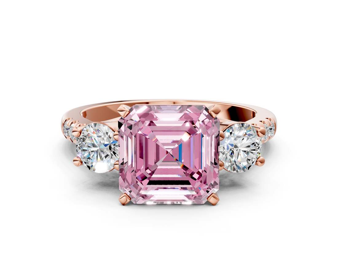 Rose gold Three-Stone Fancy Pink Asscher  Cut Diamond Pavé Band with Four-Prong Setting