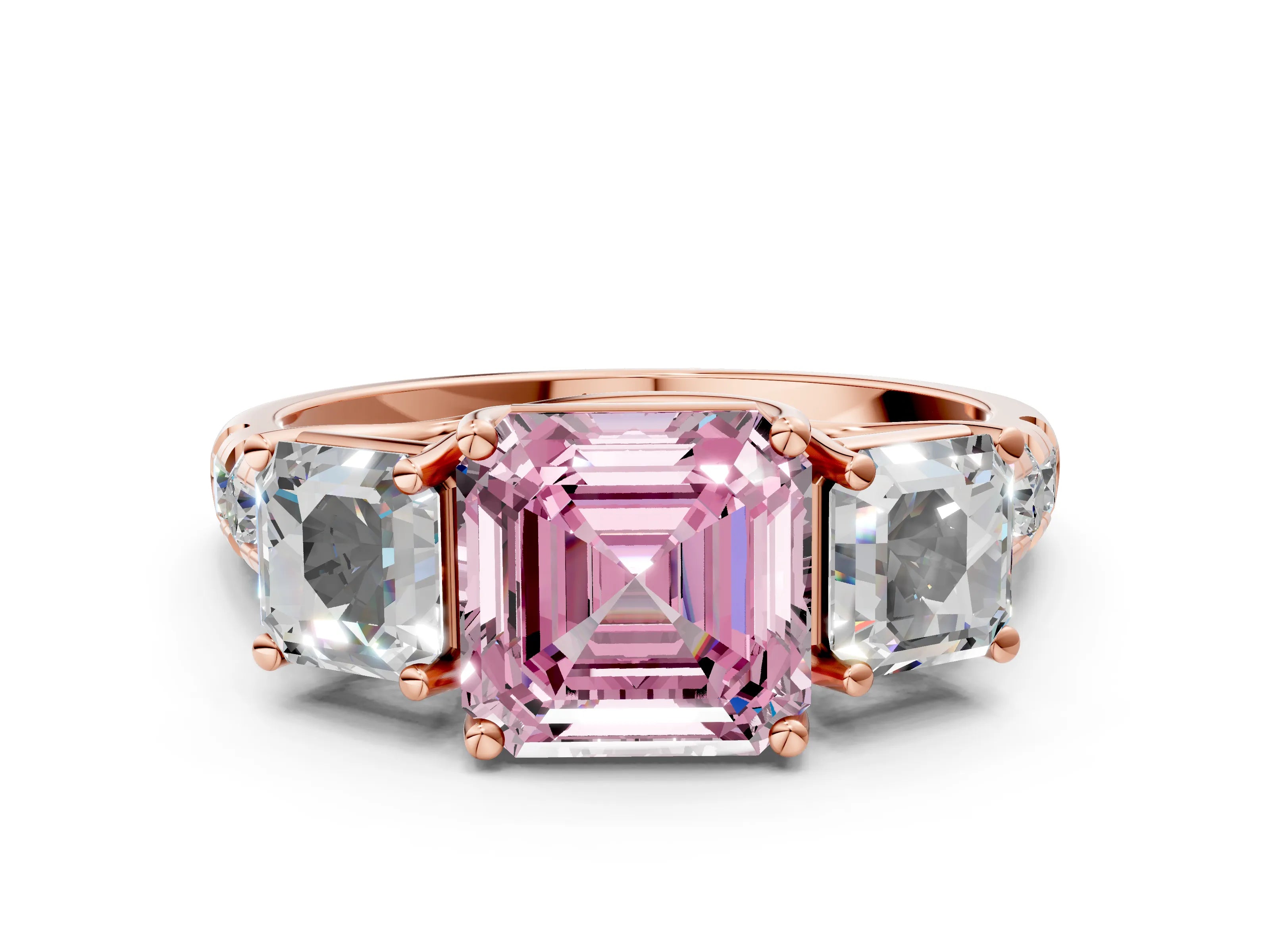 Rose gold Three-Stone Fancy Pink Asscher Cut Diamond Pavé Band with Prong Setting