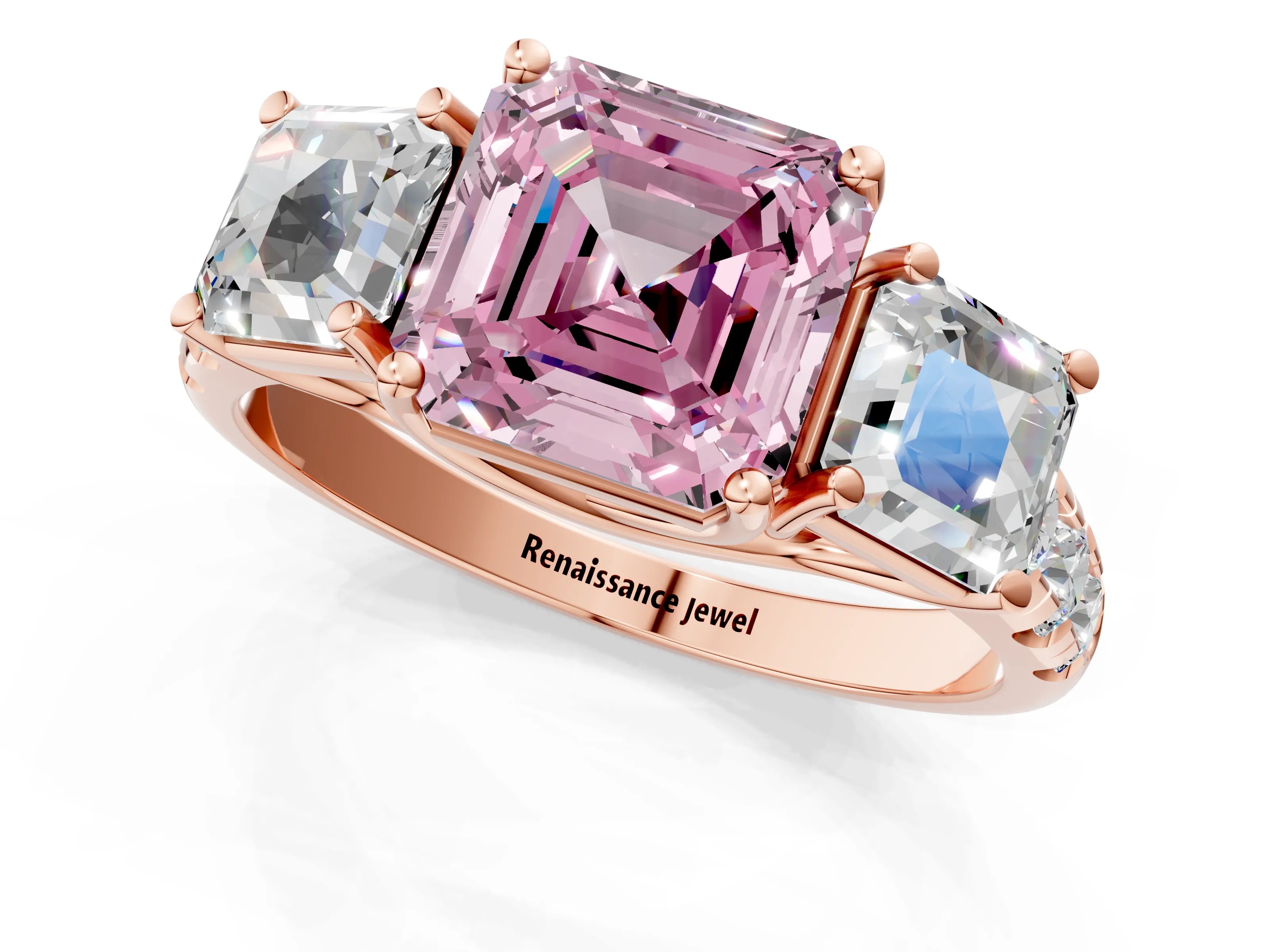 Rose gold Three-Stone Fancy Pink Asscher Cut Diamond Pavé Band with Prong Setting_1