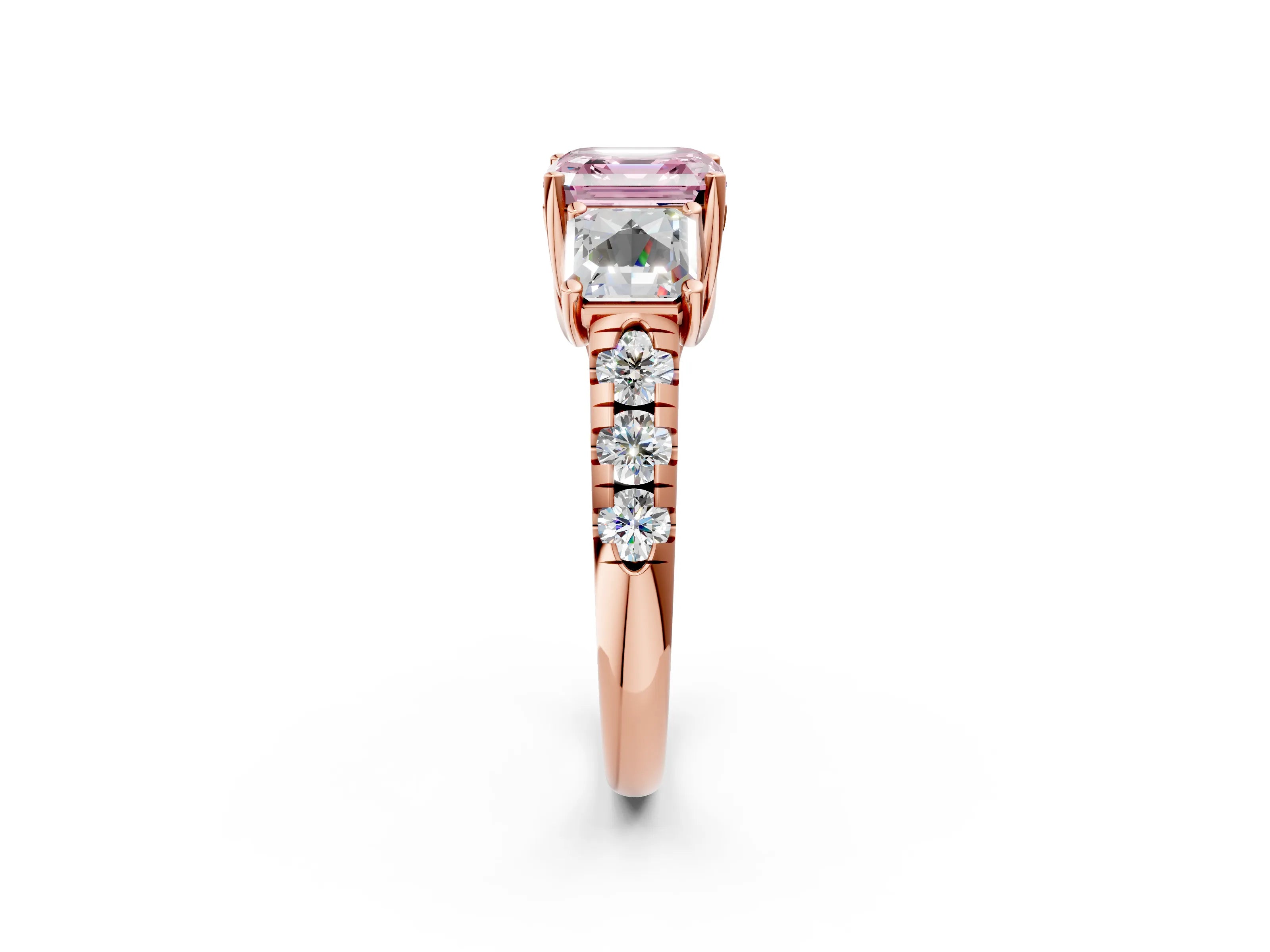 Rose gold Three-Stone Fancy Pink Asscher Cut Diamond Pavé Band with Prong Setting_2