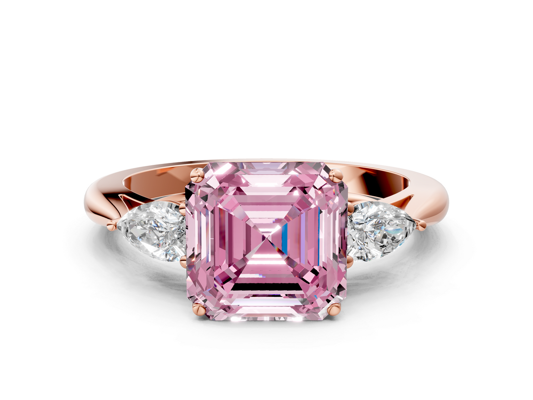 Rose gold Three-Stone Fancy Pink Asscher  Cut Diamond Ring with Pear Side Stones in Four-Prong Setting_17