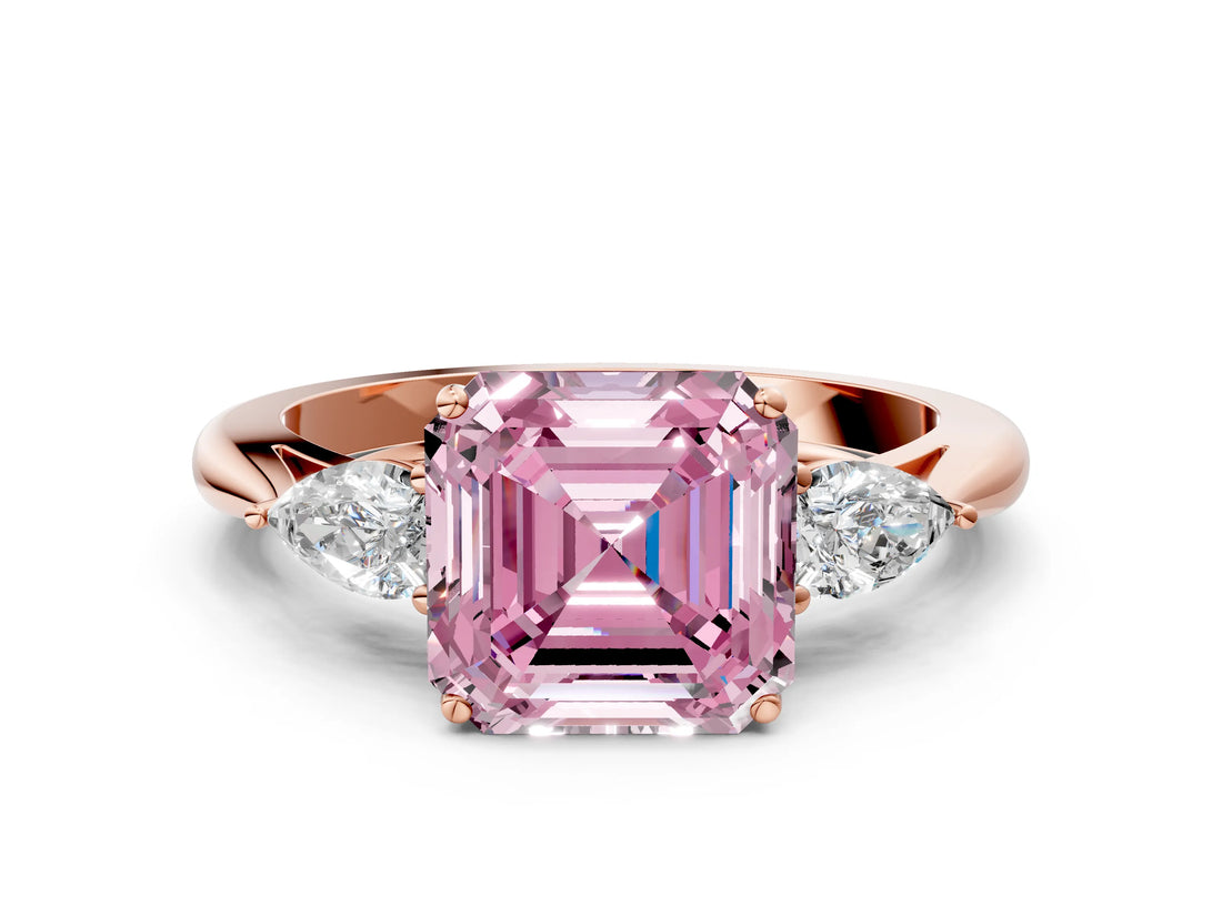 Rose gold Three-Stone Fancy Pink Asscher Cut Diamond Ring with Pear  Side Stones in Four-Prong Setting_48