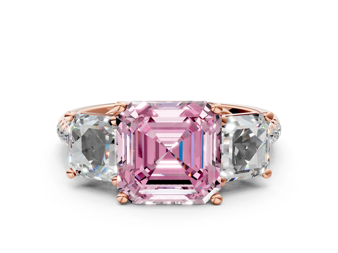 Rose gold Three-Stone Fancy Pink Asscher Cut Diamond Ring with Round  Pavé Band and Prong Setting_12