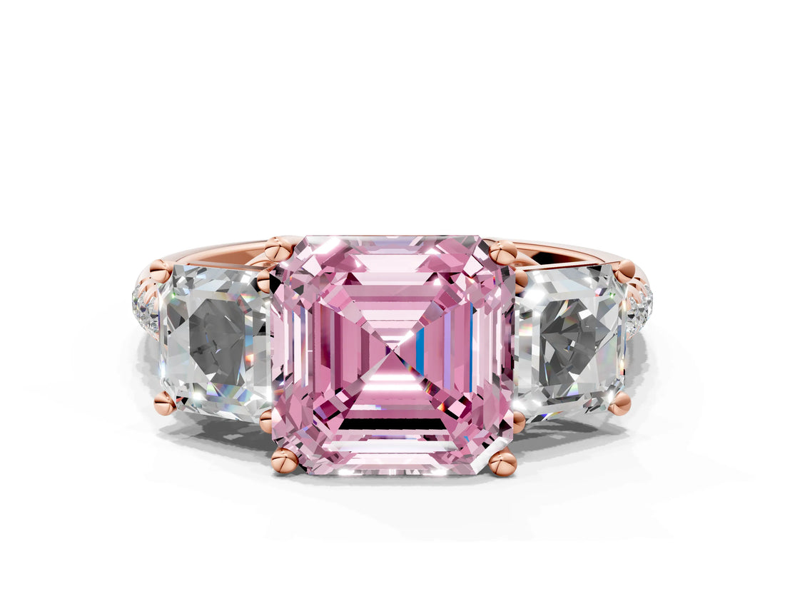 Rose gold Three-Stone Fancy Pink Asscher Cut Diamond Ring with Round  Pavé Band and Prong Setting_98