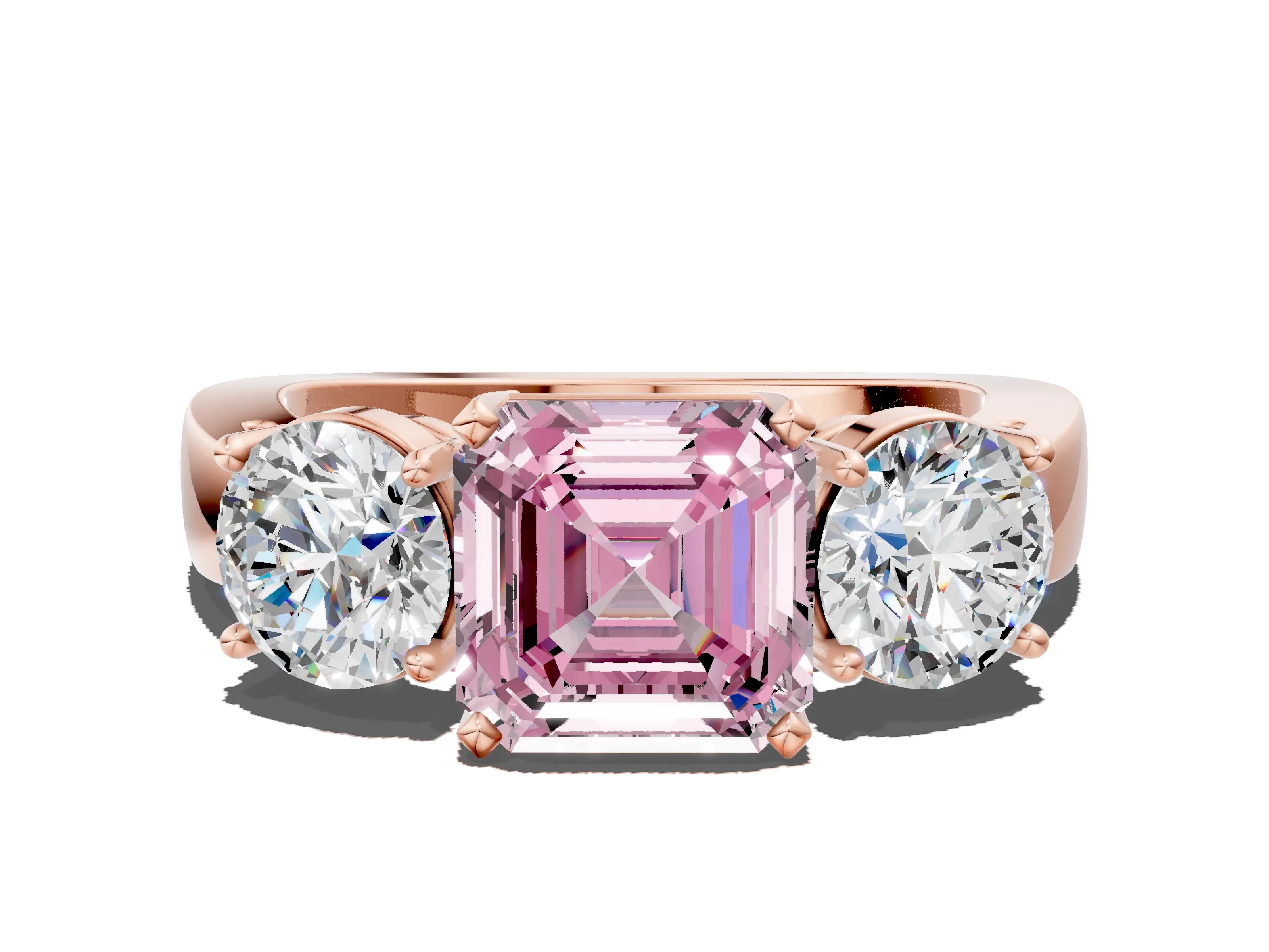 Rose gold Three-Stone Fancy Pink Asscher Cut Diamond Ring with Round Side Stones, Classic Band, and Four-Prong Setting