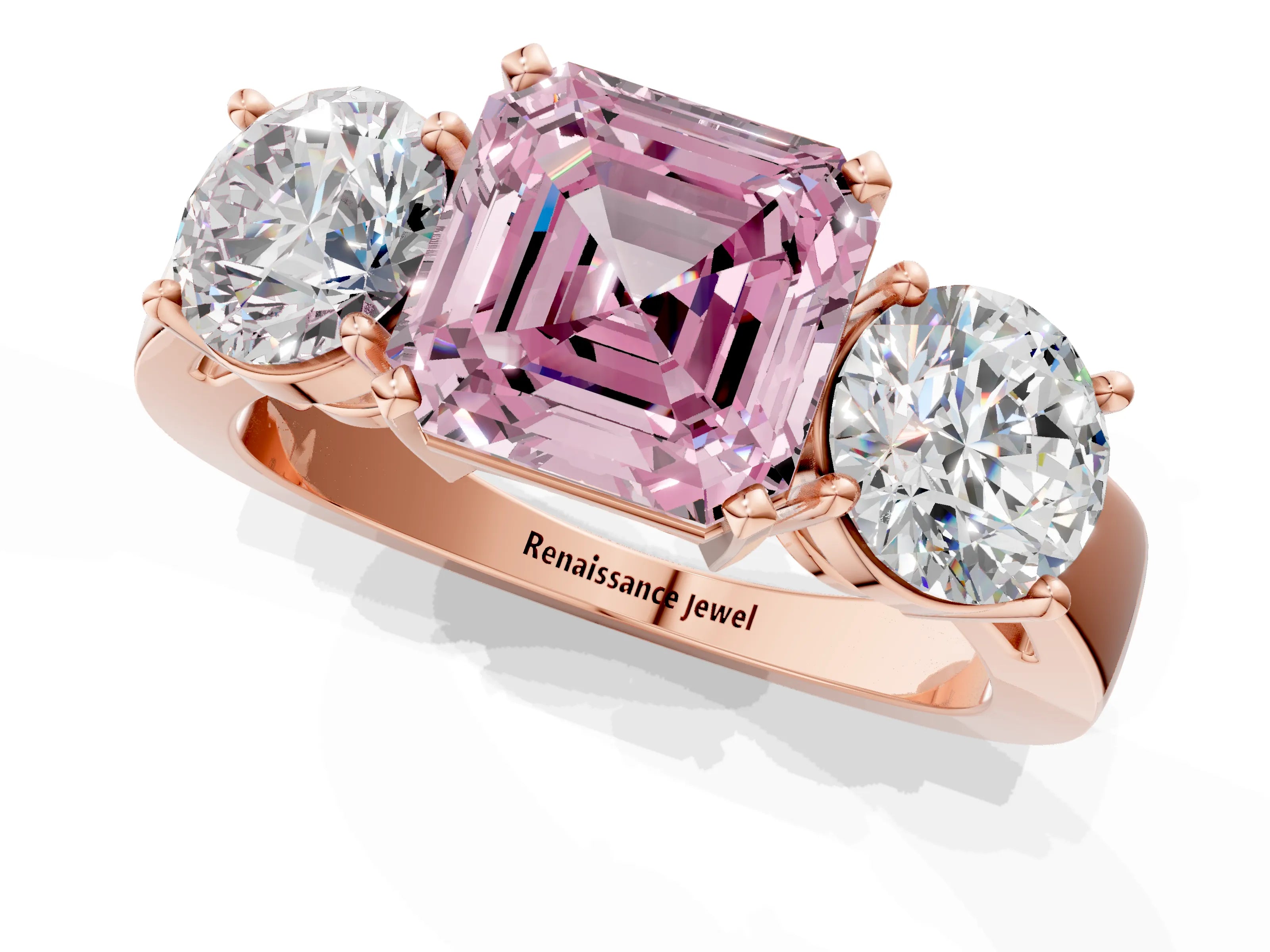 Rose gold Three-Stone Fancy Pink Asscher Cut Diamond Ring with Round Side Stones, Classic Band, and Four-Prong Setting_1