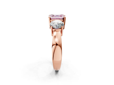 Rose gold Three-Stone Fancy Pink Asscher Cut Diamond Ring with Round Side Stones, Classic Band, and Four-Prong Setting_2
