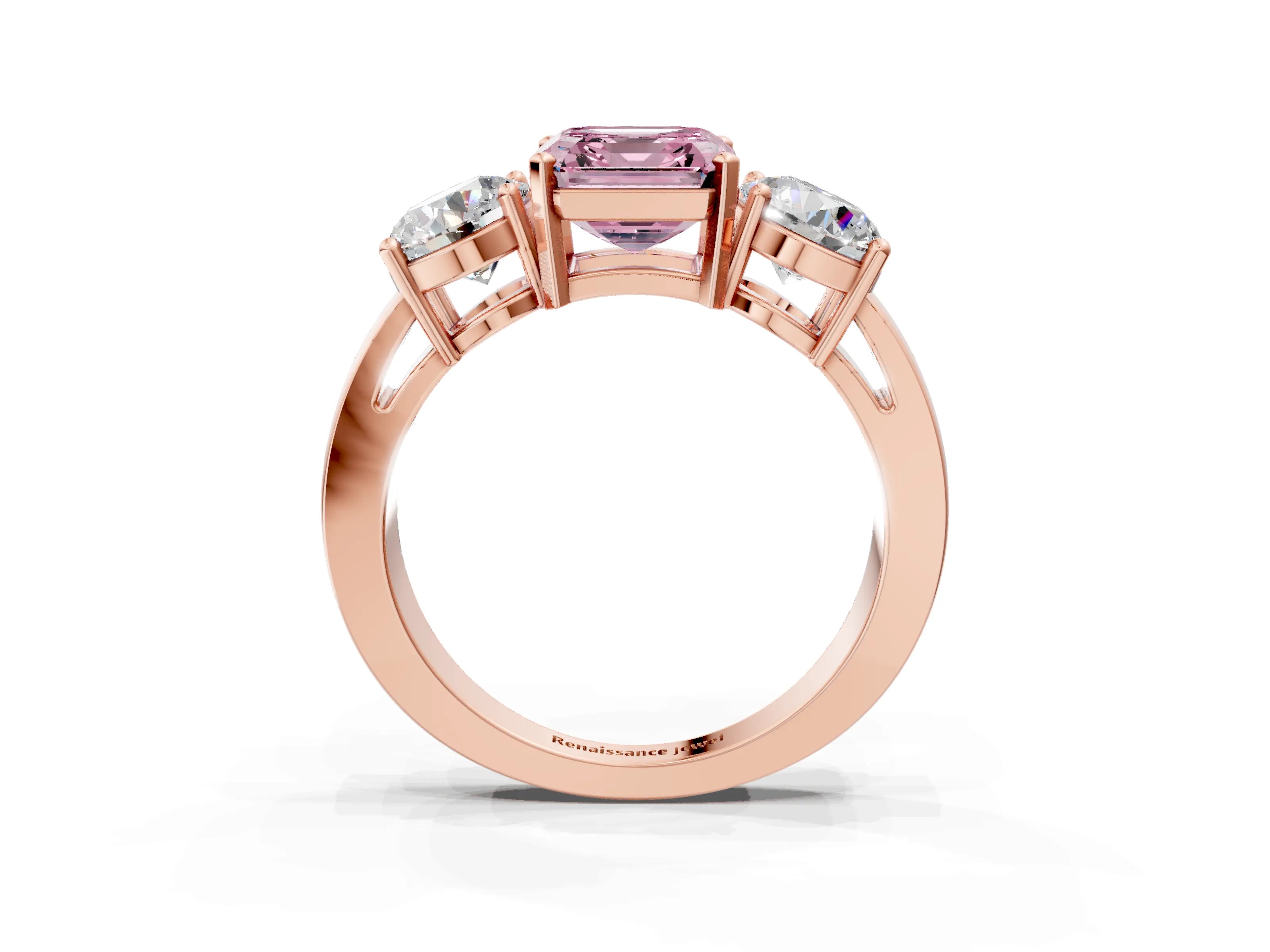 Rose gold Three-Stone Fancy Pink Asscher Cut Diamond Ring with Round Side Stones, Classic Band, and Four-Prong Setting_3