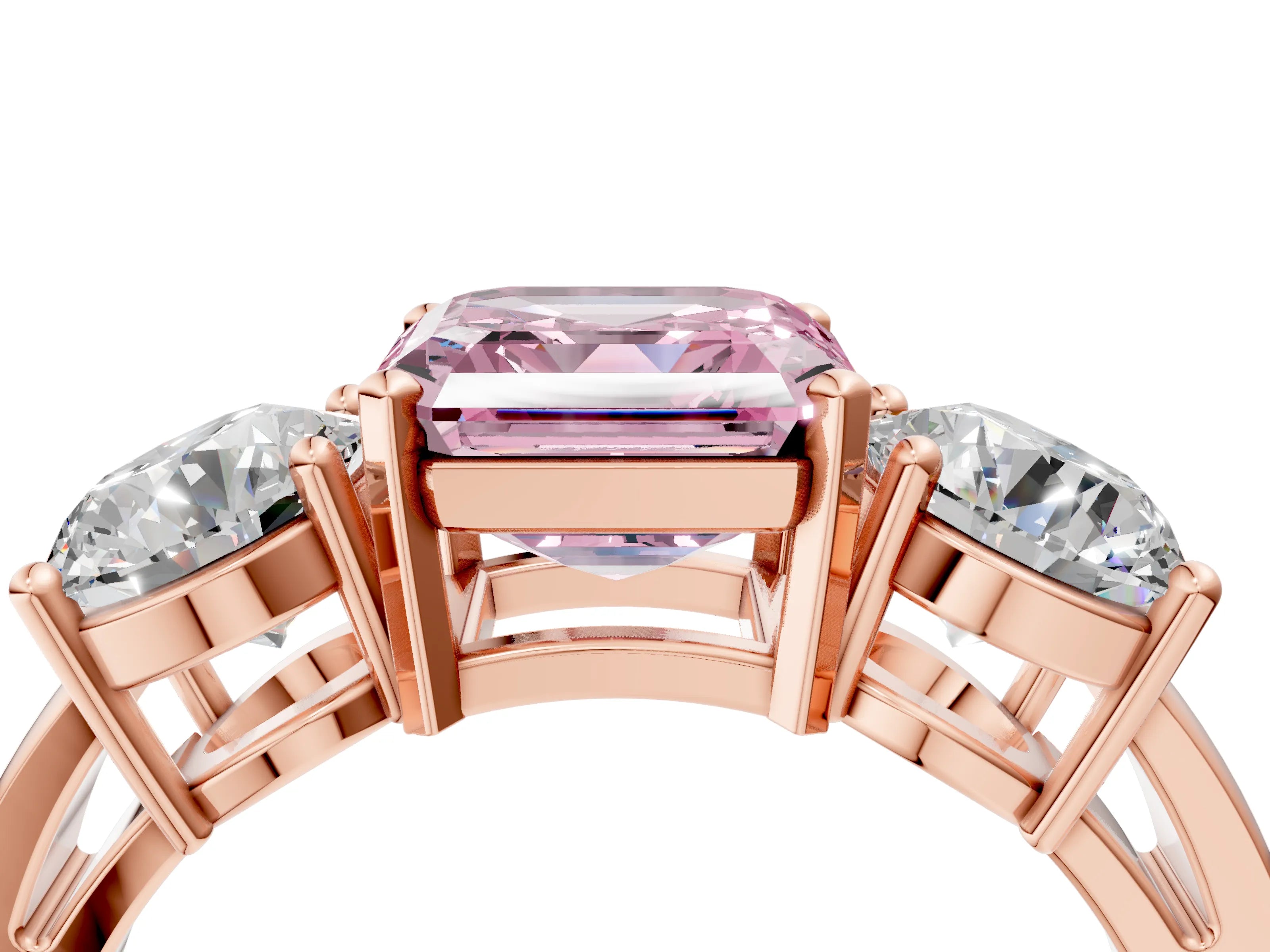 Rose gold Three-Stone Fancy Pink Asscher Cut Diamond Ring with Round Side Stones, Classic Band, and Four-Prong Setting_4