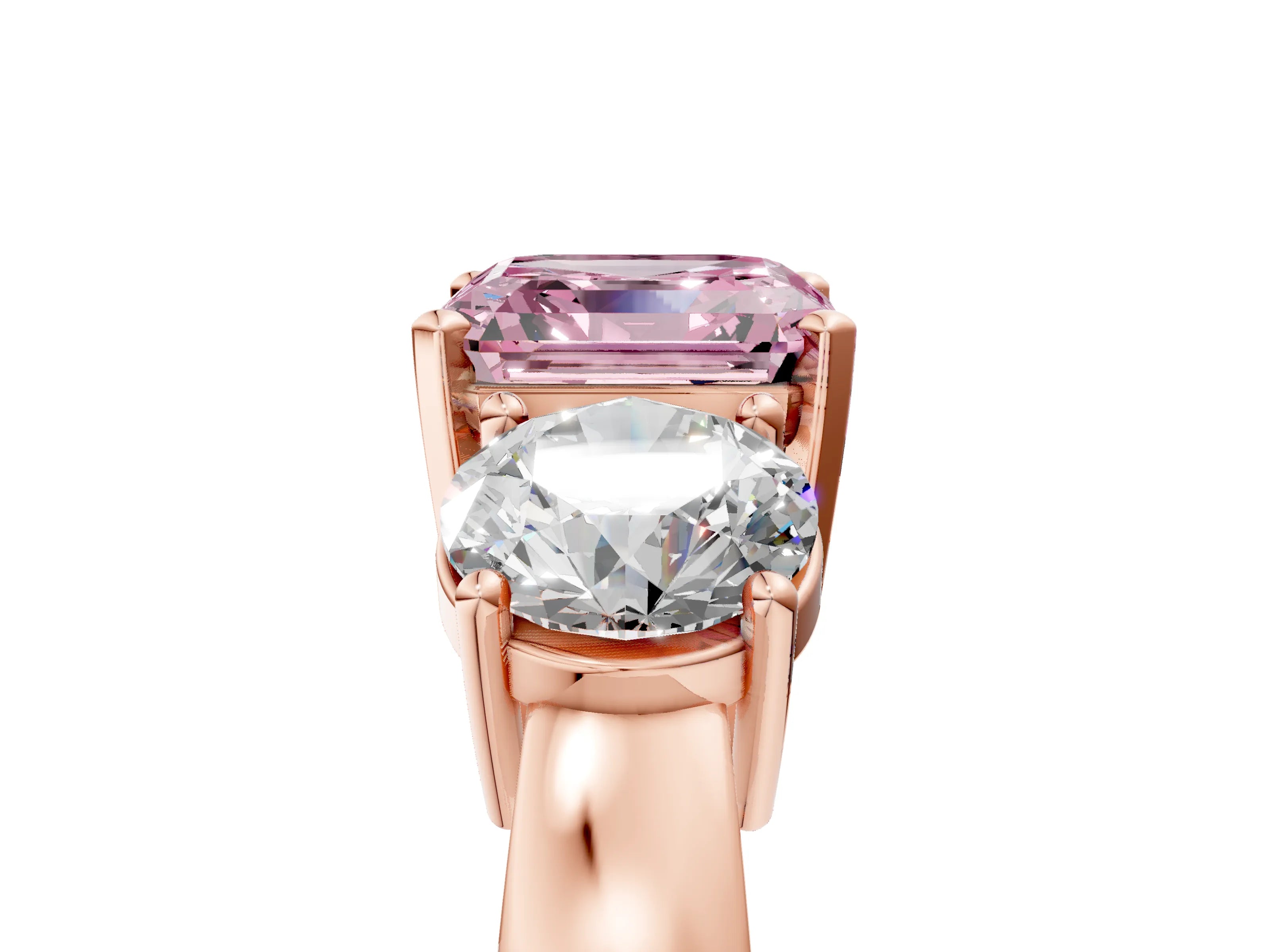 Rose gold Three-Stone Fancy Pink Asscher Cut Diamond Ring with Round Side Stones, Classic Band, and Four-Prong Setting_5