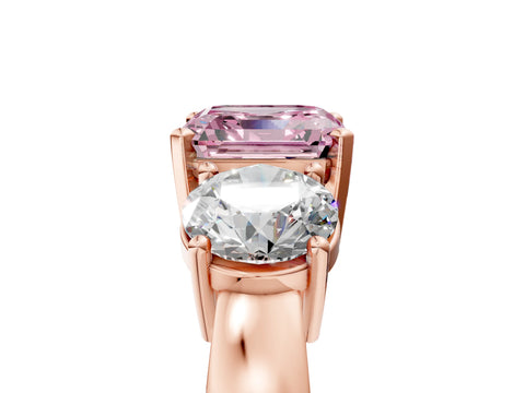 Rose gold Three-Stone Fancy Pink Asscher Cut Diamond Ring with Round Side Stones, Classic Band, and Four-Prong Setting_5