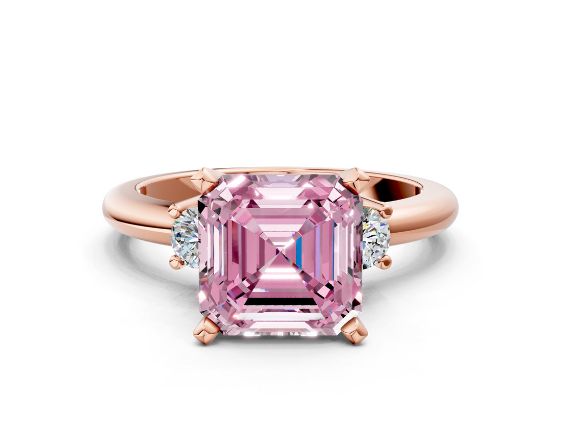 Rose gold Three-Stone Fancy Pink Asscher  Cut Diamond Solitaire with Prong Setting and Classic Band