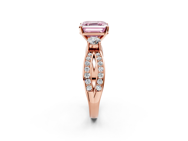 Rose Gold Asscher Cut Three Stone Engagement Ring Setting for Fancy Pink Center with Pave Twist Band