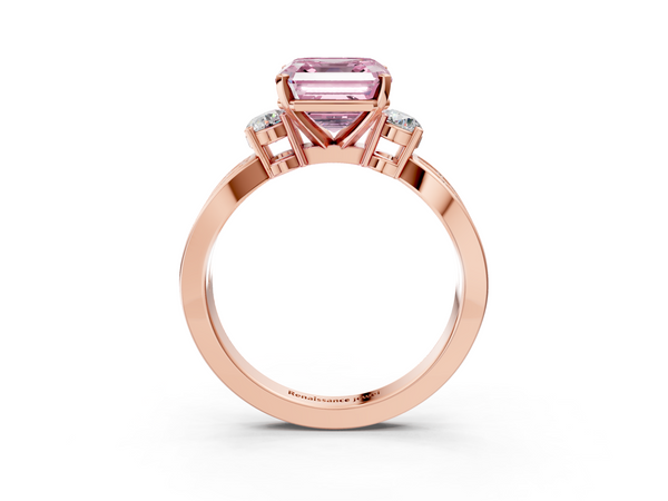 Rose Gold Asscher Cut Three Stone Engagement Ring Setting for Fancy Pink Center with Pave Twist Band