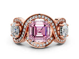 Rose gold Three-Stone Fancy Pink Asscher Cut Diamond Wave Pave Band with Prong Setting