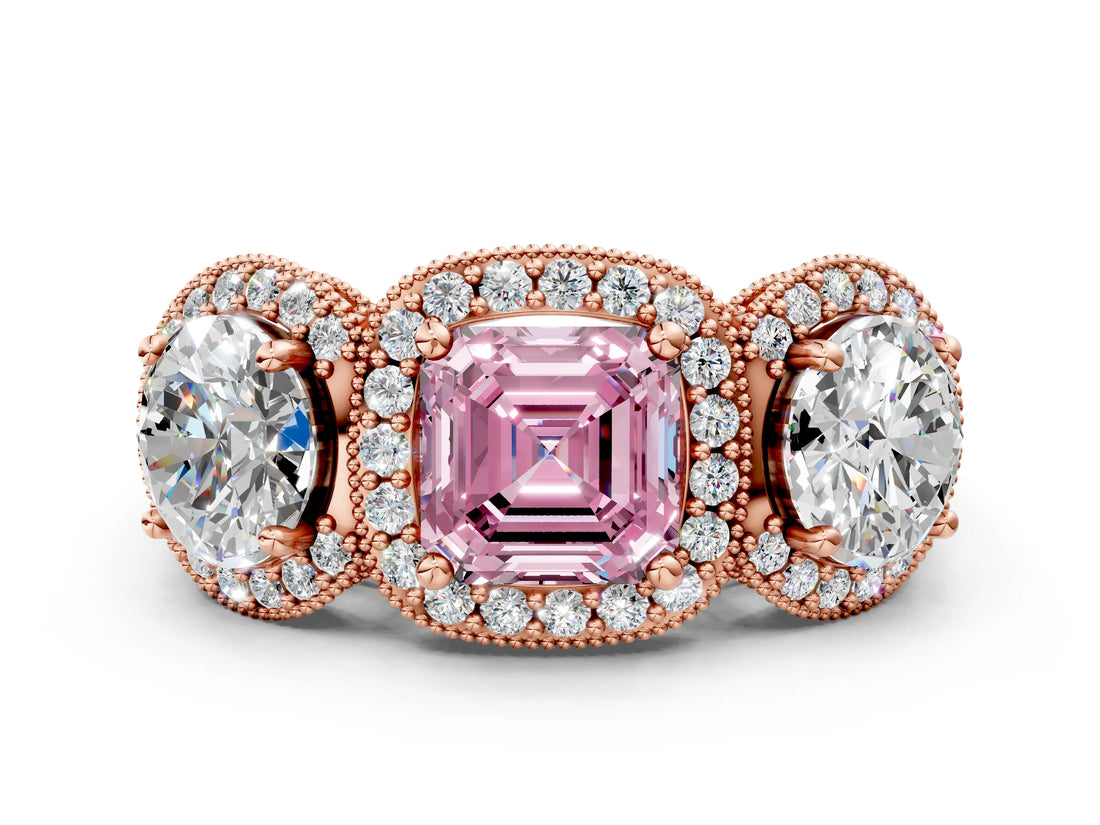 Rose gold Three-Stone Fancy Pink Asscher Cut Halo Diamond Milgrain Band with Four-Prong Setting