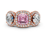 Rose gold Three-Stone Fancy Pink Asscher Cut Halo Diamond Milgrain Band with Four-Prong Setting