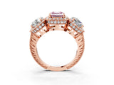 Rose gold Three-Stone Fancy Pink Asscher Cut Halo Diamond Milgrain Band with Four-Prong Setting_3