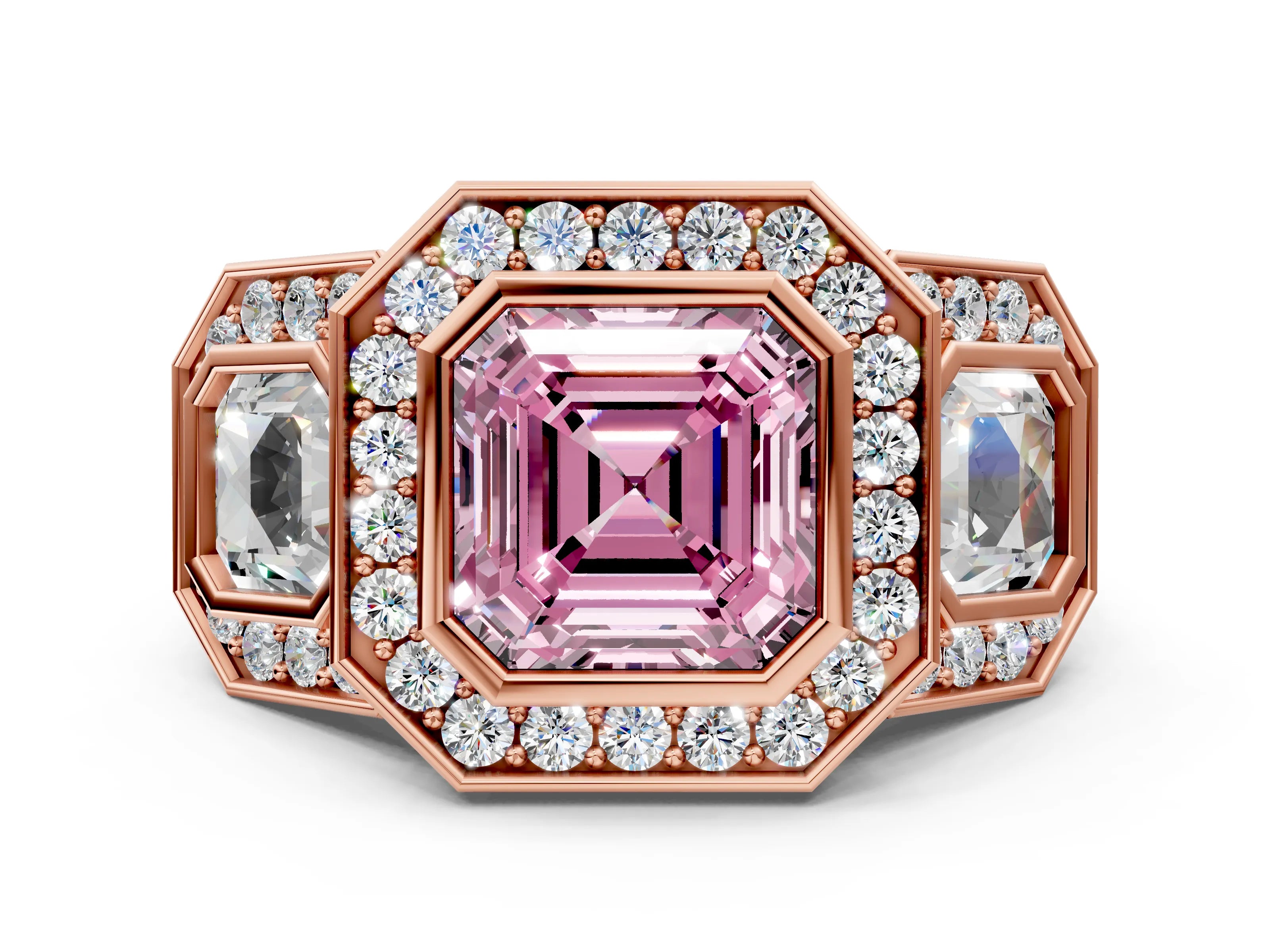 Rose gold Three-Stone Fancy Pink Asscher Cut Halo Pavé Diamond Ring_12