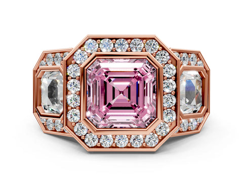 Rose gold Three-Stone Fancy Pink Asscher Cut Halo Pavé Diamond Ring_12