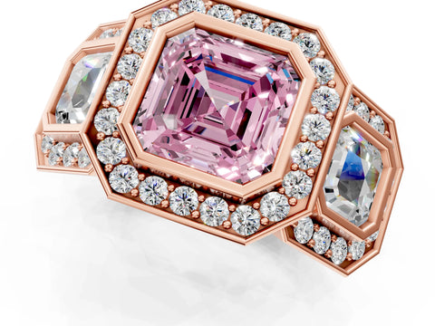 Rose gold Three-Stone Fancy Pink Asscher Cut Halo Pavé Diamond Ring_13
