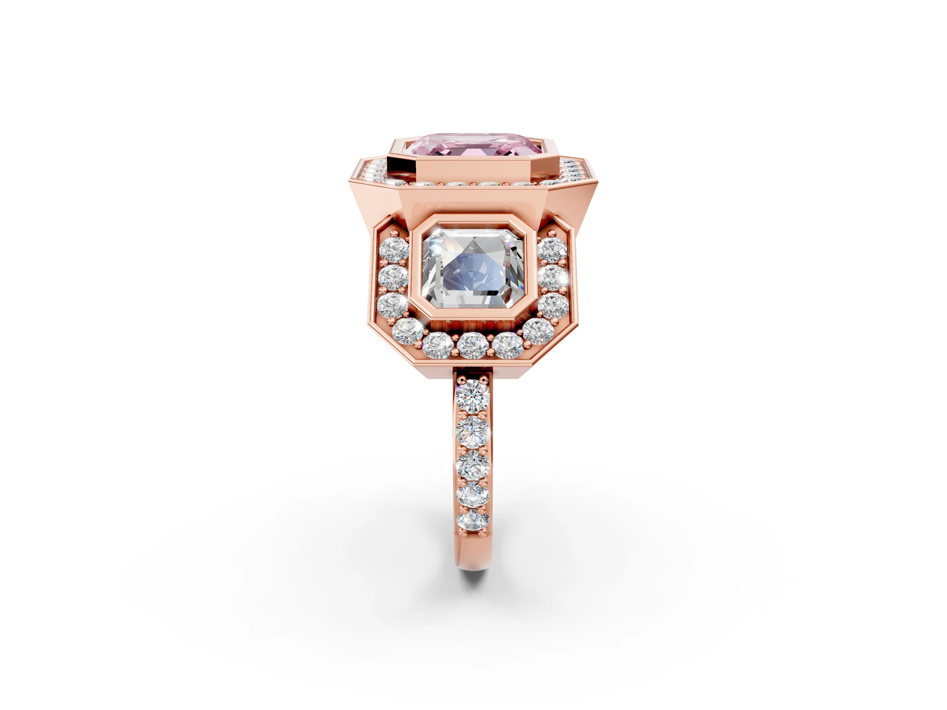 Rose gold Three-Stone Fancy Pink Asscher Cut Halo Pavé Diamond Ring_14