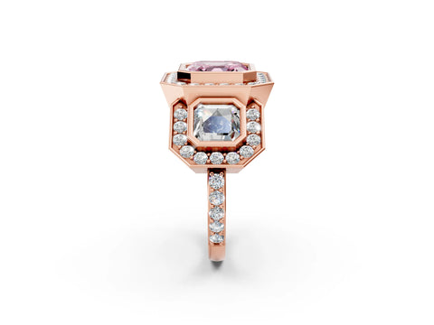 Rose gold Three-Stone Fancy Pink Asscher Cut Halo Pavé Diamond Ring_14