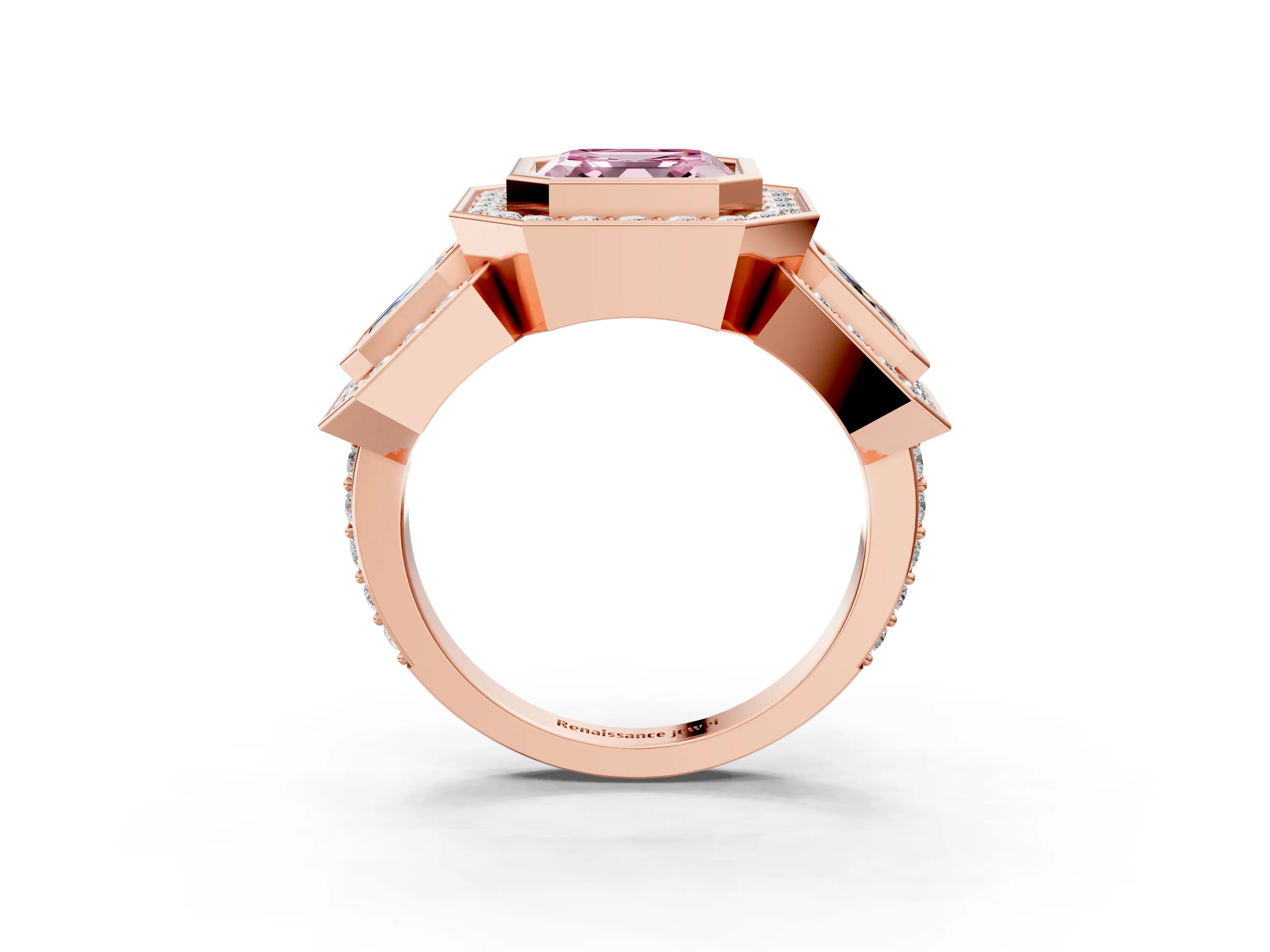 Rose gold Three-Stone Fancy Pink Asscher Cut Halo Pavé Diamond Ring_15