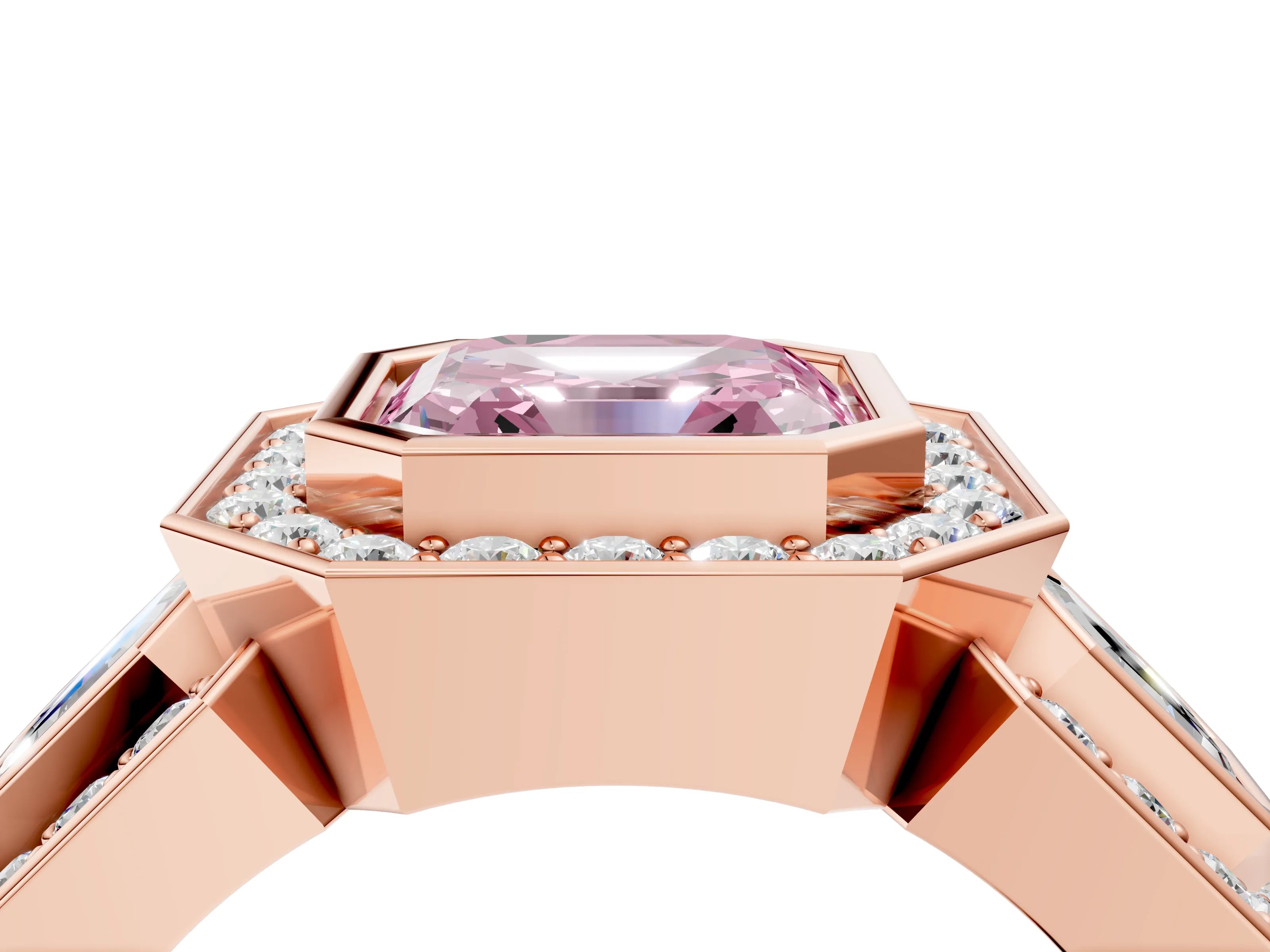 Rose gold Three-Stone Fancy Pink Asscher Cut Halo Pavé Diamond Ring_16
