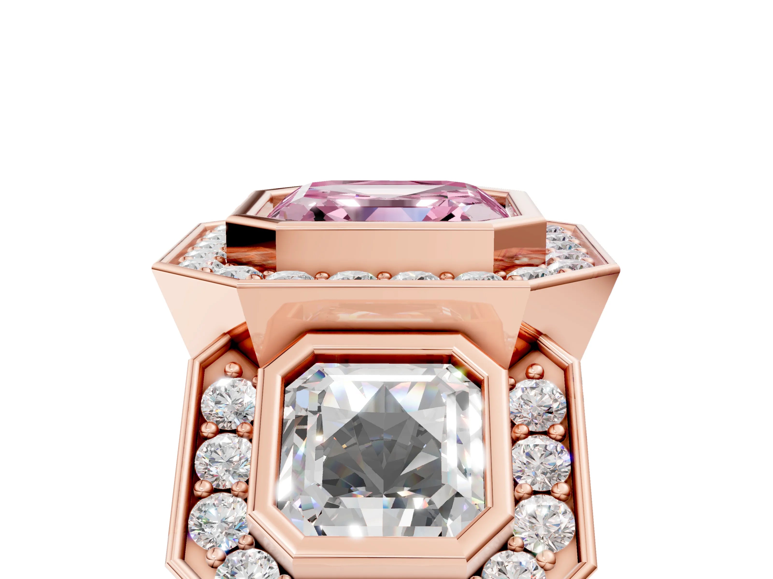 Rose gold Three-Stone Fancy Pink Asscher Cut Halo Pavé Diamond Ring_17