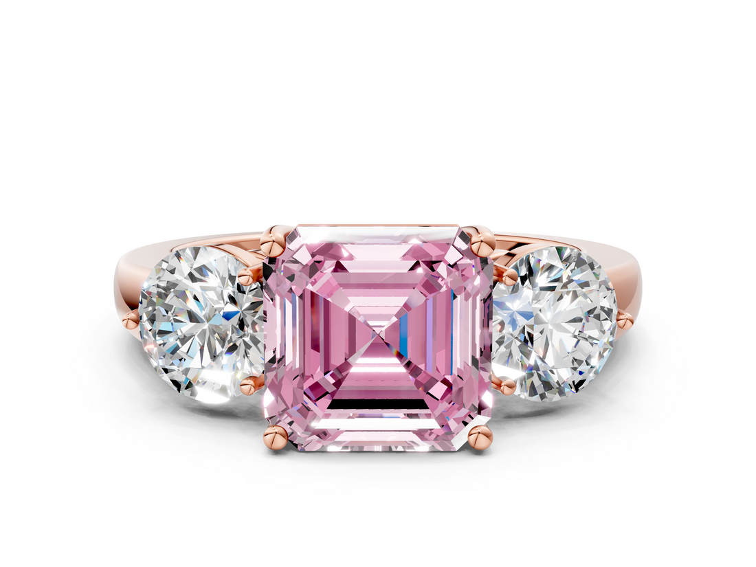 Rose gold Three-Stone Fancy Pink Asscher  Cut Solitaire Ring with Prong Setting on a Classic Band_36