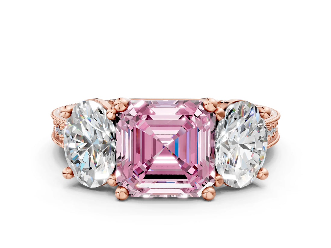 Rose gold Three-Stone Fancy Pink Asscher  Diamond Milgrain Pave Band with Prong Setting 1