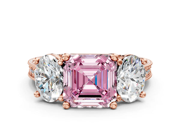 Rose Gold Asscher Cut Three-Stone Engagement Ring Setting for Fancy Pink Center with Pave Band